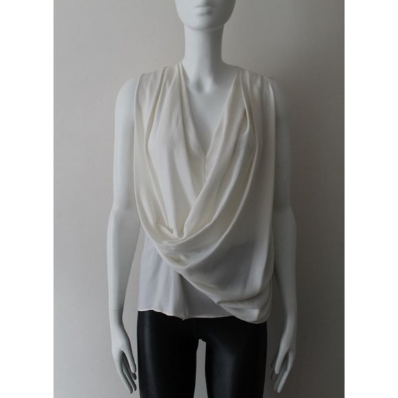Yigal Azrouel Front Drape V-neck Blouse Top Size 10 White Sleeveless - Picture 1 of 7